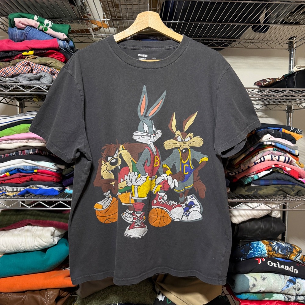 Hollister T-Shirt Mens L Black Looney Tunes Basketball Relaxed Fit Graphic Tee